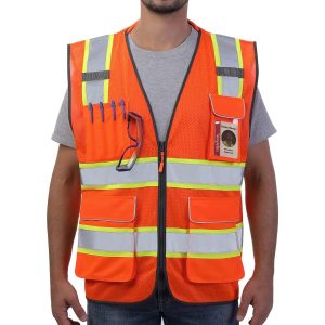 Reflective Safety Vest Orange Mesh, High Visibility Vest with Pockets and Zipper