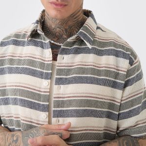 Tall Short Sleeve Oversized Textured Stripe Shirt in Stone